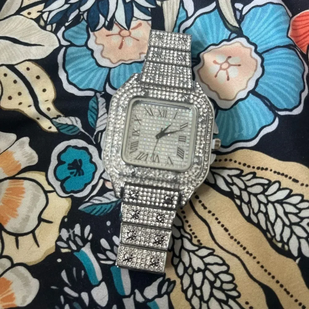 Iced Out Bust Down Silver Watch Simulated Diamond Hip Hop Bling Very Shiny
